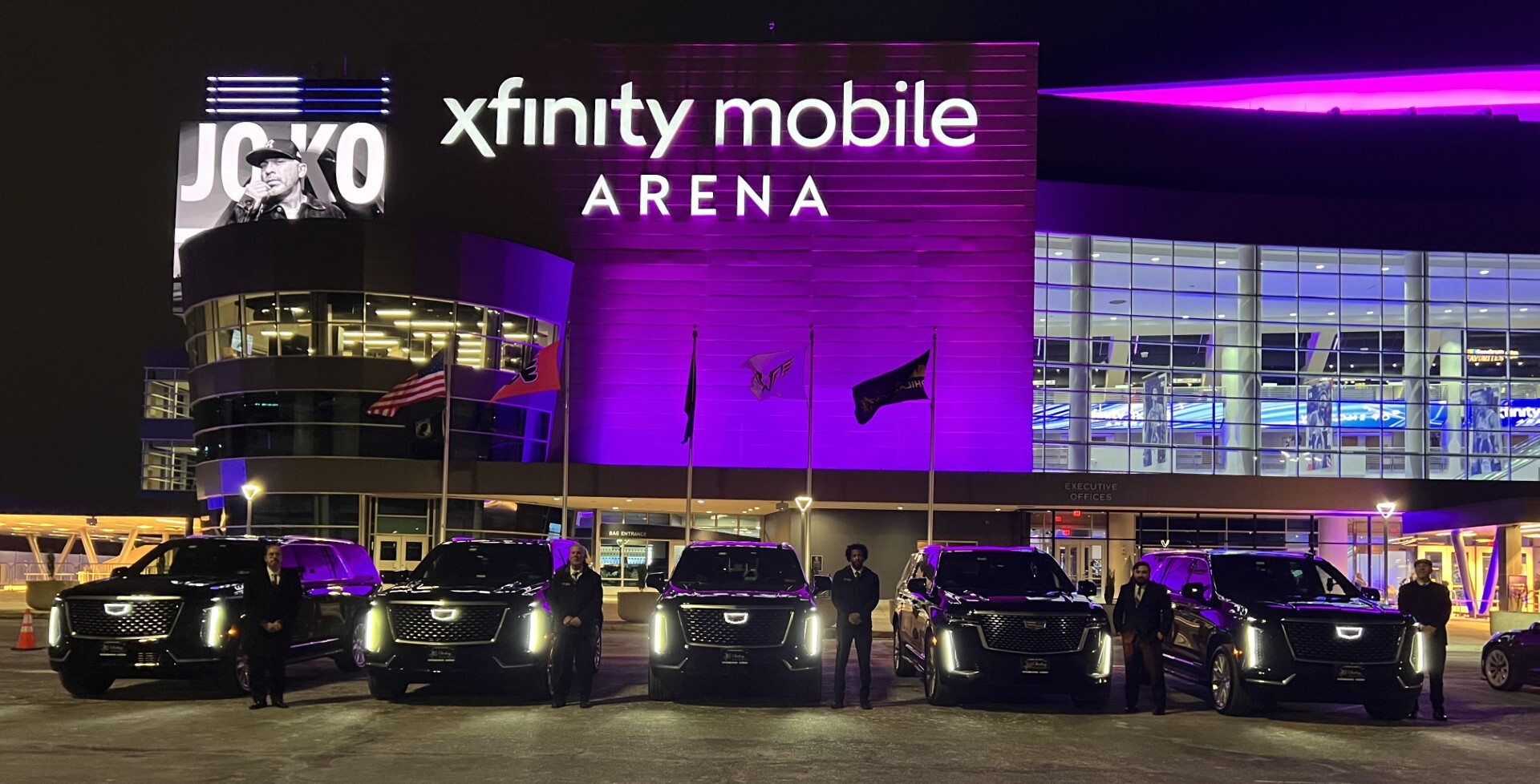 Row of Cadillac Escalades at Xfinity  Mobile Arena