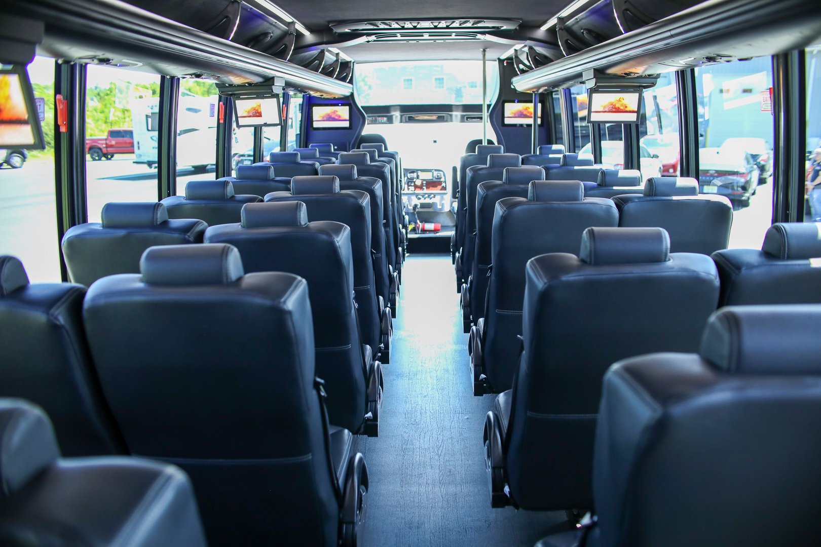 31 passenger mini bus interior of seats from rear view