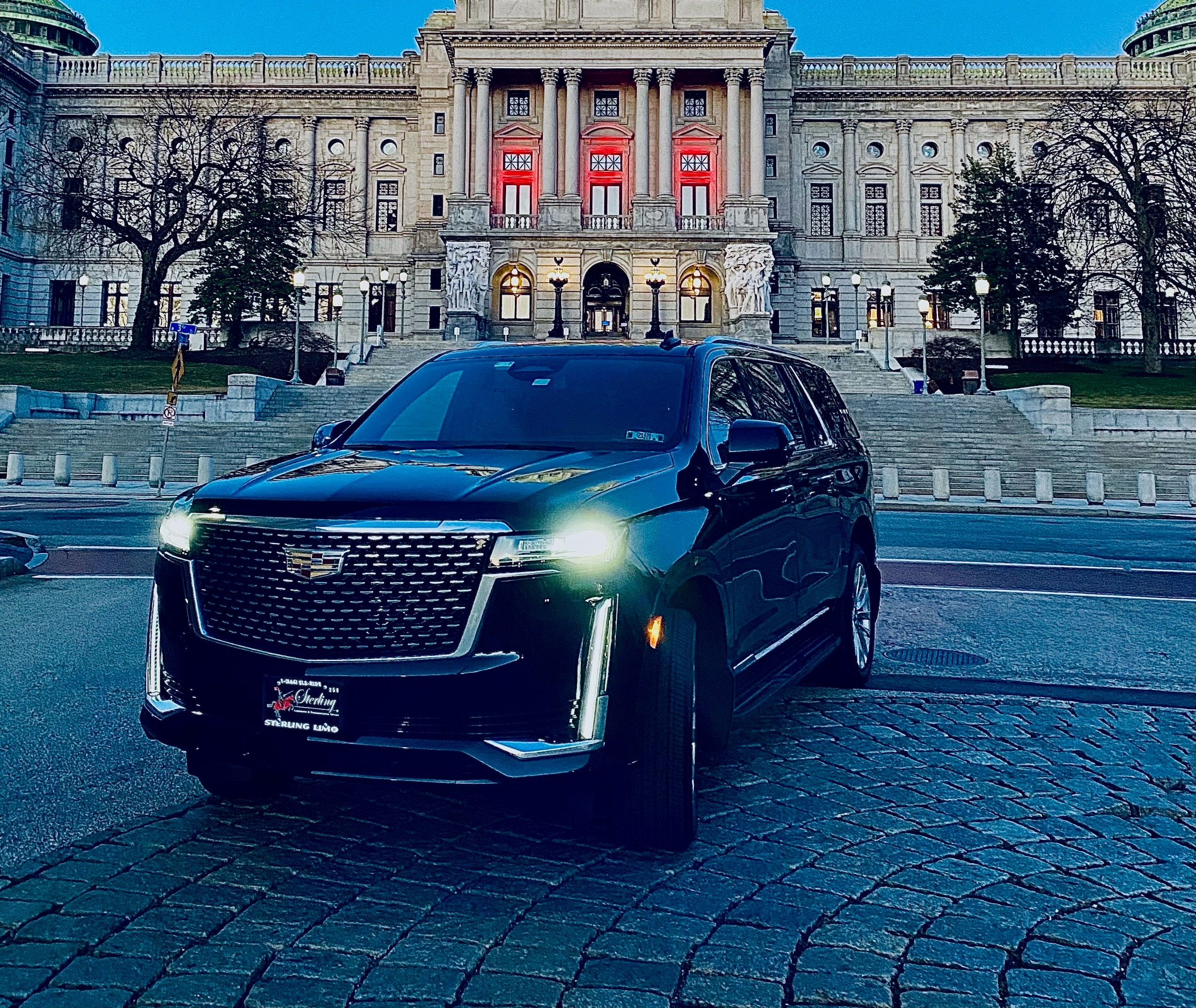 Escalade at PA state capitol dusk