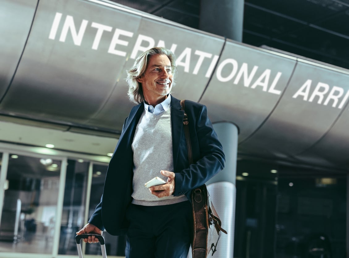 Stock international traveler male outside airport