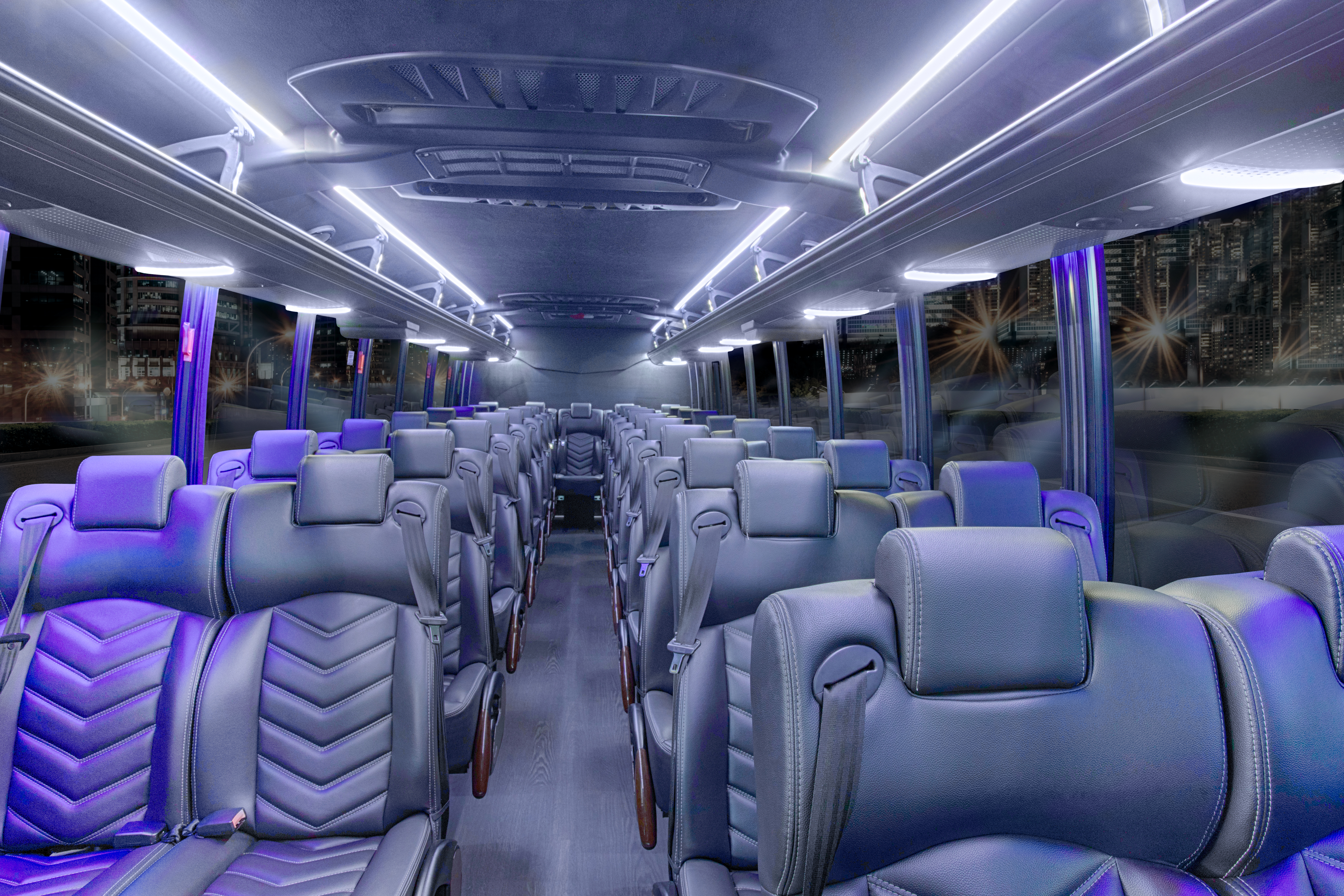 31 passenger mini bus blue lighting interior seats