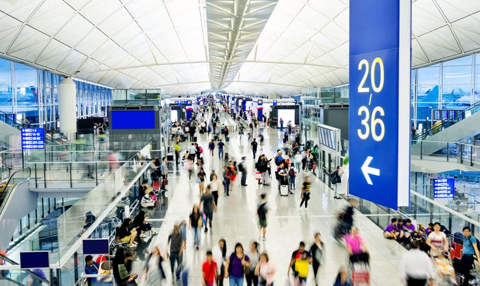 Blurred photo of people walking in an airport terminal