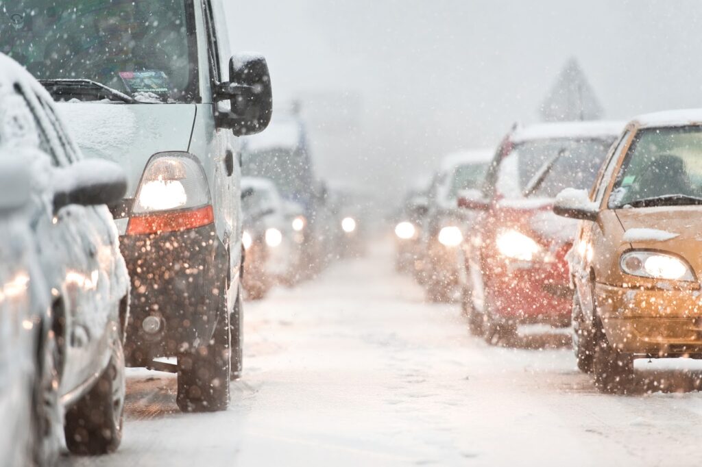 cars driving in snow
